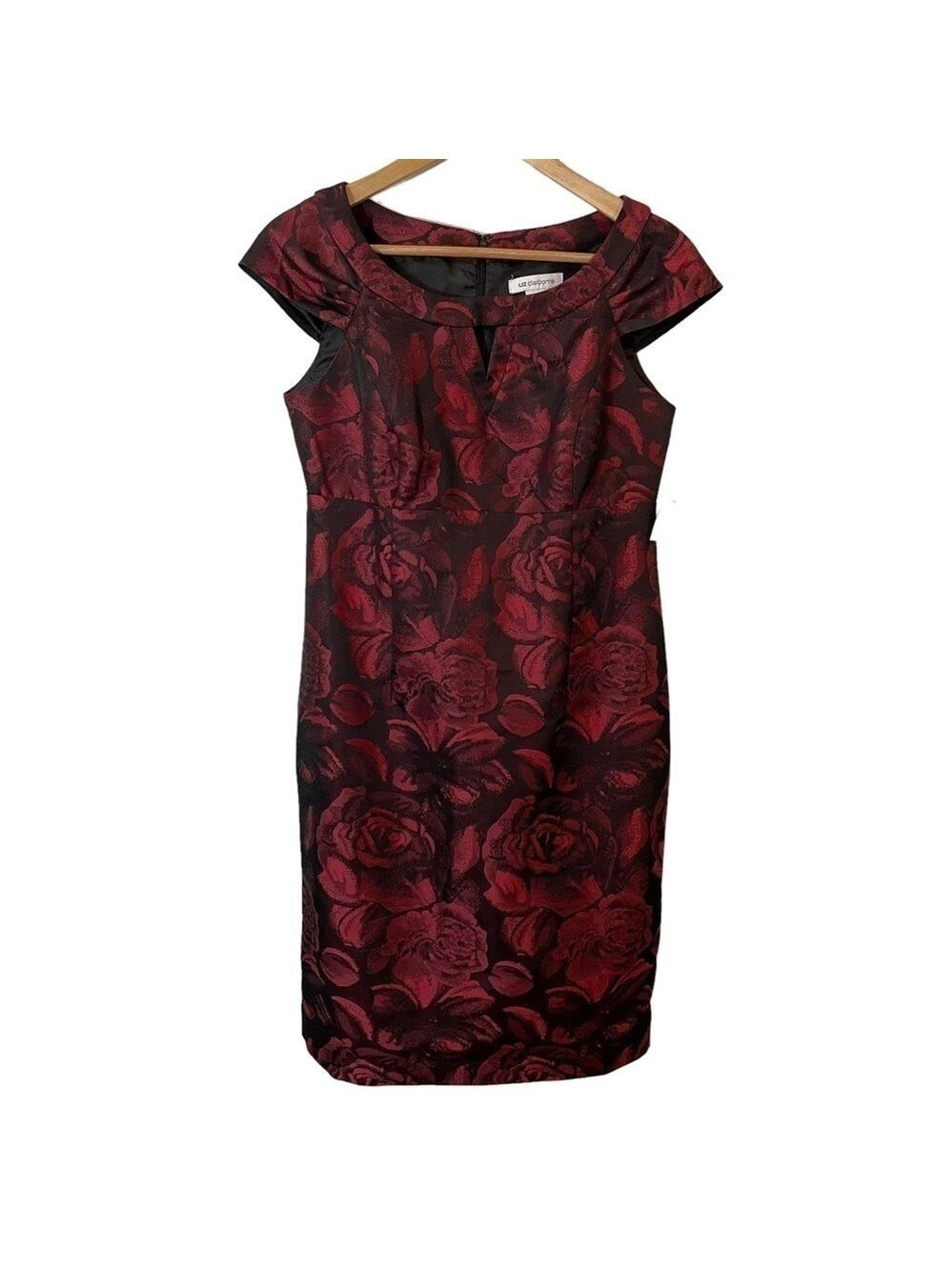 Liz Claiborne Floral Formal Dress Sz 6 Red Black Roses Scoop Neck Cap Sleeve NWT